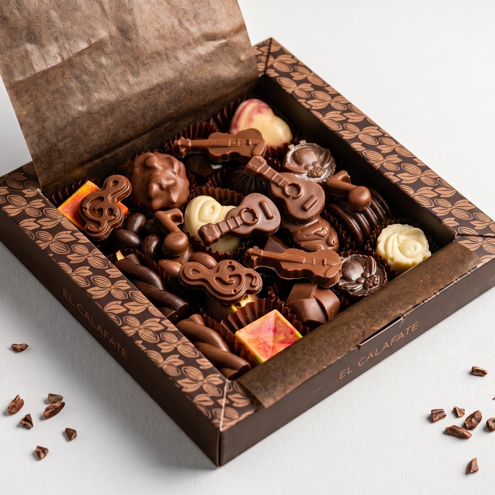 Caja abierta del surtido de bombones artesanales de 1/4 kg en ángulo, con bombones con forma de llave y granos de cacao al costado