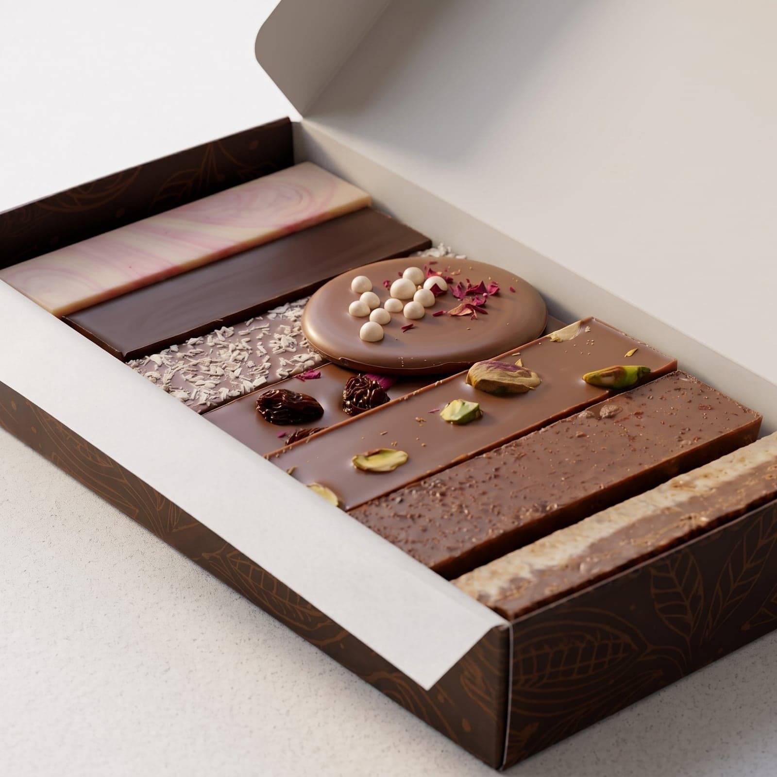 Caja abierta del surtido de chocolates artesanales de 1/4 kg, con barras cortadas a cuchillo y un bombón decorado con pistachos